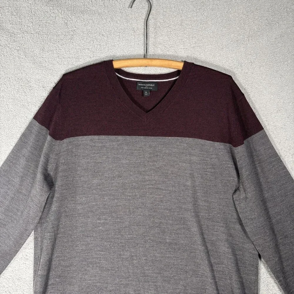 Banana Republic Mens Size XL Merino Wool Long Sleeve‎ V Neck Sweater Grey Preppy